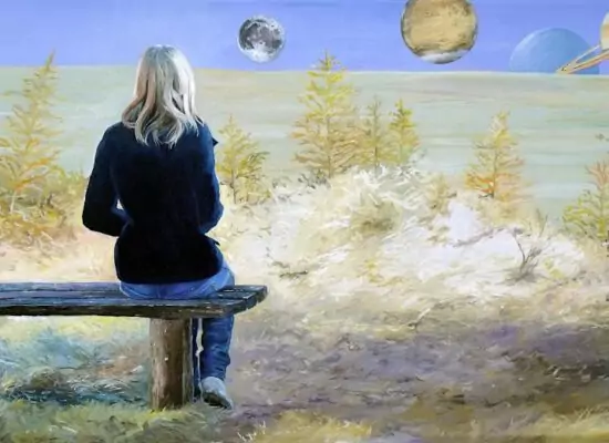 MÄDCHEN BEI BETRACHTUNG DES MONDES von Martin Eller, WVZ 1886, 60 x 120 cm - Galerie Alte Schule