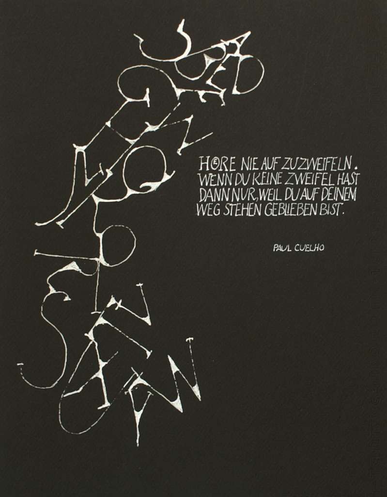 Lotte Hering, Kalligraphie, weiße Tusche und Deckweiß auf schwarzem Tonkarton 32 x 25 cm - Galerie Alte Schule