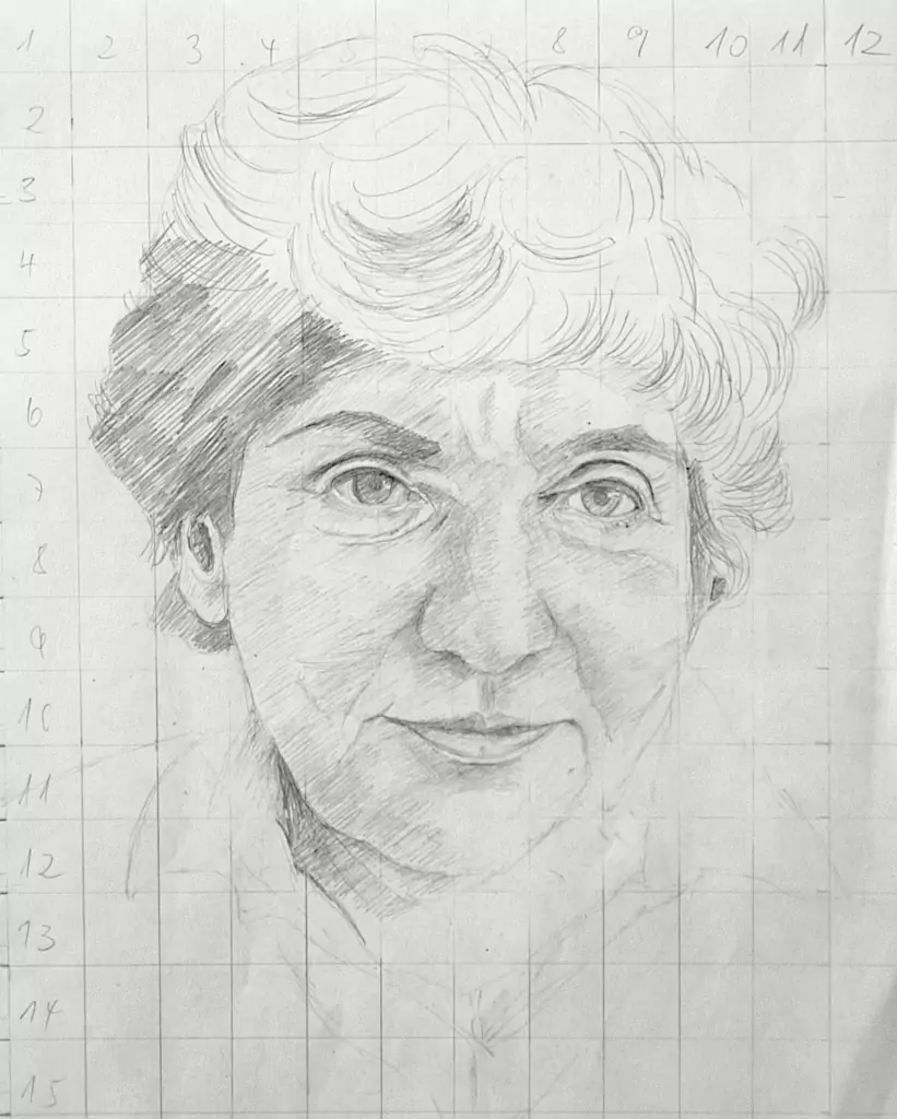 Lotte Hering, Selbstportrait, Vorarbeit zu einem Gemälde, Graphit auf Papier 35 x 27 cm, quadriert - Galerie Alte Schule