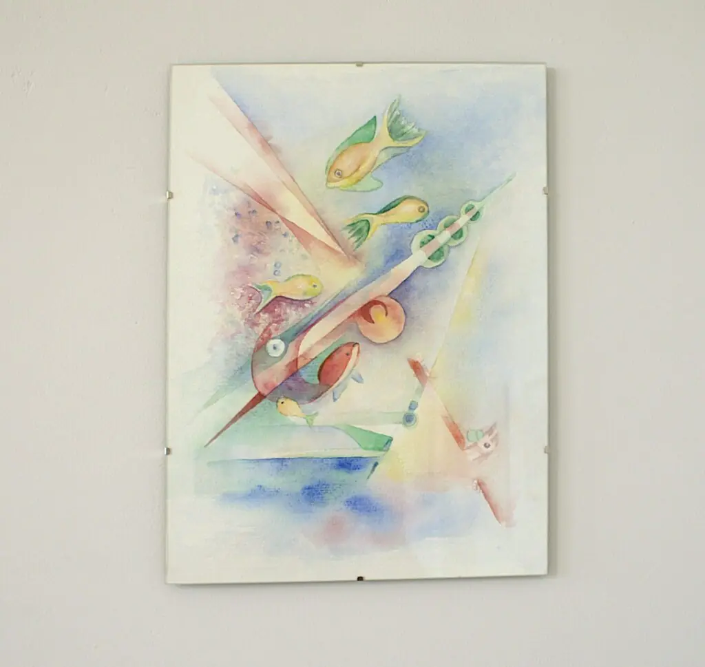 Lotte Hering, Aquarium, Aquarell auf Bütten, 39,8 x 30 cm, Ansicht im Ausstellungsrahmen - Galerie Alte Schule