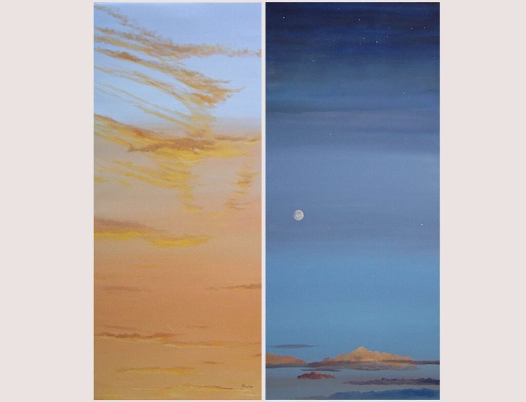 Diptychon: DEIPHOBOS II von Martin Eller, bestehend aus WVZ 1803 11050 "Le matin" und WVZ 1805 11050 "Le soir", Öl und Tempera auf Leinwand, 2 x 100 x 50 cm, aus 2011 - Galerie Alte Schule