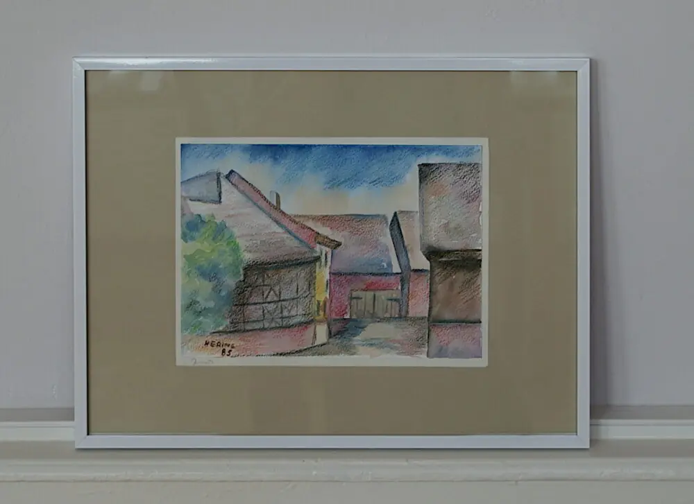 GEHÖFT BEI JENA von Lotte Hering, Aquarell und Pastellkreide auf Karton 17 x 24 cm - Galerie Alte Schule