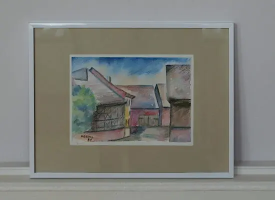 GEHÖFT BEI JENA von Lotte Hering, Aquarell und Pastellkreide auf Karton 17 x 24 cm - Galerie Alte Schule