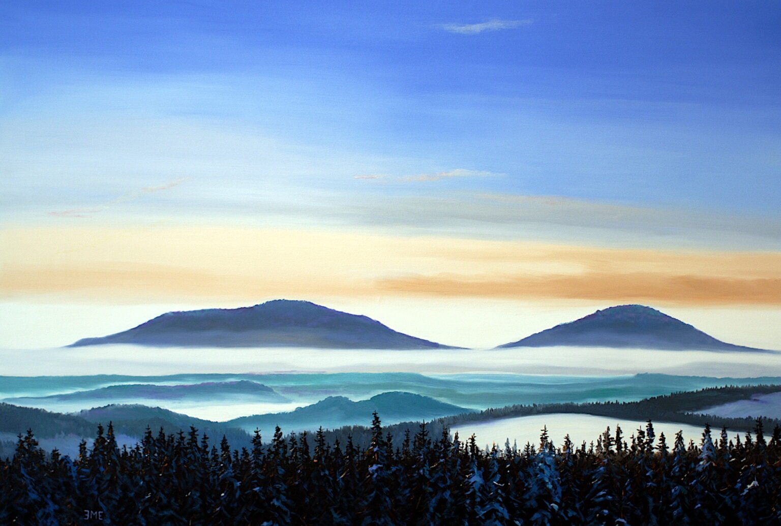 SONNENAUFGANG, Gleichberge von Osten im Winter von Martin Eller, WVZ 11-25 Nr. 1937, Öl auf Leinwand 110 x 150 cm - Galerie Alte Schule