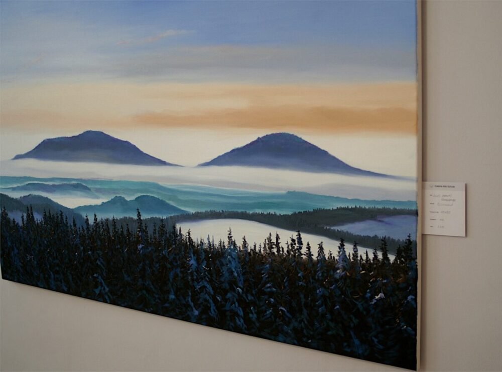 SONNENAUFGANG, Gleichberge von Osten im Winter von Martin Eller, WVZ 11-25 Nr. 1937, Öl auf Leinwand 110 x 150 cm - Seitenansicht, Detail - Galerie Alte Schule